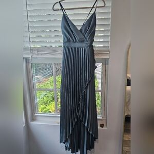 Lulu's Ultimate Charm Dark Sage Grey Satin High-Low Maxi Dress, NEW